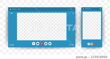Videocall Interface. Online business webinar chat. User video call window. Virtual meeting space. Application for communication. Flat Vector illustration Videocall Interface. Online business webinar chat. User video call window. Virtual meeting space. Application for communication. Flat Vector illustration 125918950