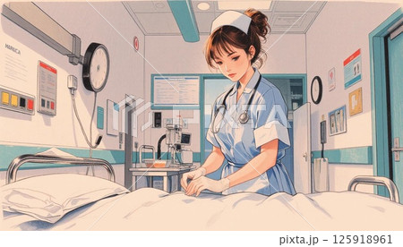 病室で片付けをしている女医 125918961