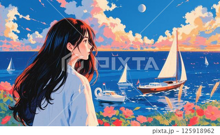 海を眺める女の子 125918962