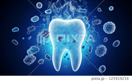 歯の周りに集まる歯周病菌などの細菌たちのクローズアップ  口臭とオーラルケアのイメージ 125919258