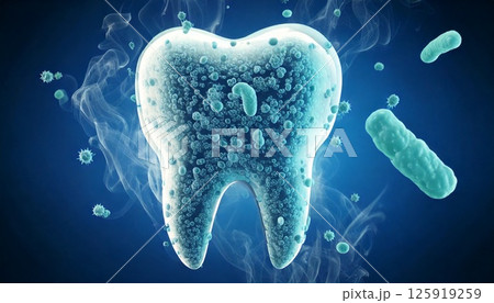 歯の周りに集まる歯周病菌などの細菌たちのクローズアップ  口臭とオーラルケアのイメージ 125919259