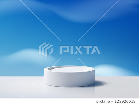 white cylindrical podium on blue sky minimalist 3d mockup clean glossy surface product display showcase modern white cylindrical podium on blue sky minimalist 3d mockup clean glossy surface product display showcase modern 125920019
