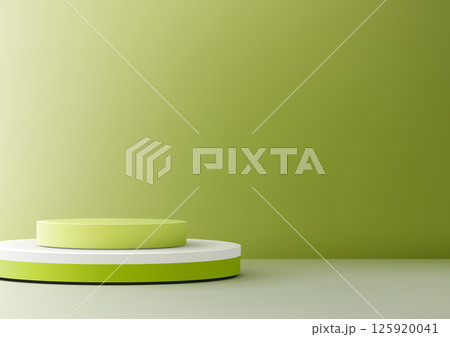 3d green cylindrical platform on white base, modern product display mockup, minimalist showcase stand 125920041