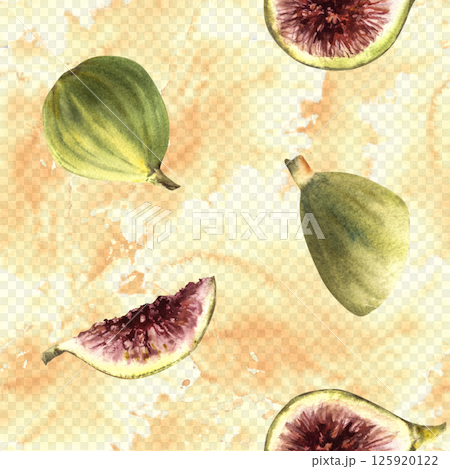 Figs fruit seamless pattern on Watercolor splashes, spotted yellow background. Whole green and sliced purple fig fabric. Food, plant clipart for wallpaper, packaging. Hand drawn isolated illustration 125920122