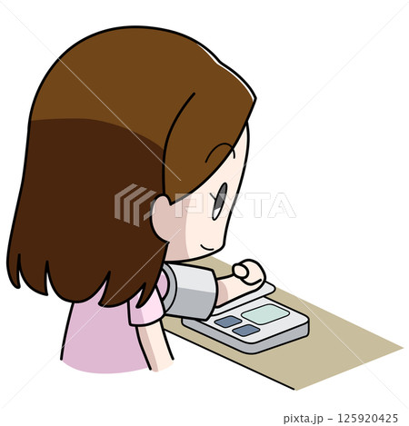 上腕自動式の血圧計で血圧を測る女性のイラスト 上腕自動式の血圧計で血圧を測る女性のイラスト 125920425
