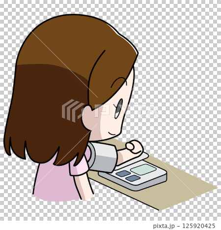 上腕自動式の血圧計で血圧を測る女性のイラスト 上腕自動式の血圧計で血圧を測る女性のイラスト 125920425
