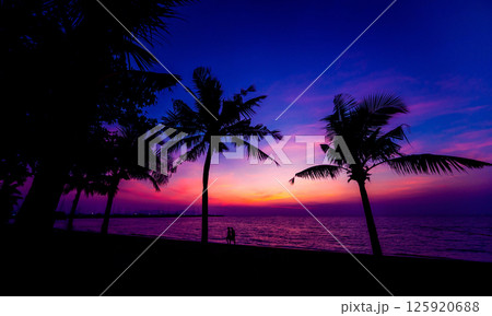 Beautiful tropical beach with palm trees. Sunrises and sunsets. Ocean. 125920688