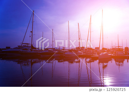 Beautiful view of marina and harbor with yachts and motorboats.  125920725