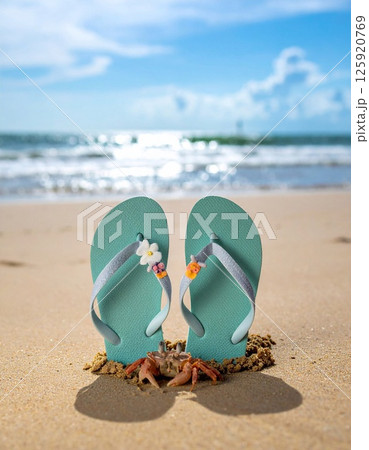 a pair of cute slipper sticking out of the sand a pair of cute slipper sticking out of the sand 125920769