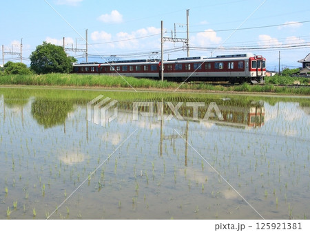 奈良盆地で田植えの季節を迎えて水鏡状態の田んぼを横目に走る近鉄線の電車 125921381