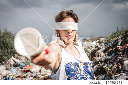 Blindfolded female volunteer in a landfill of plastic trash. Blindfolded female volunteer in a landfill of plastic trash. 125921814