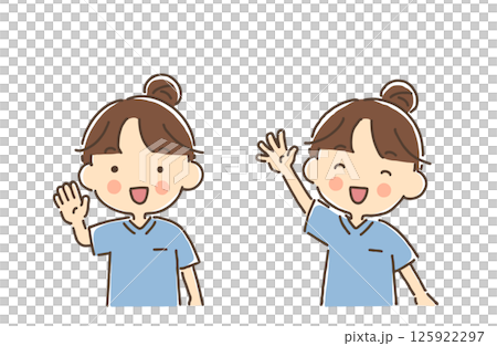 一群穿著手術服的女人微笑著舉起一隻手 125922297