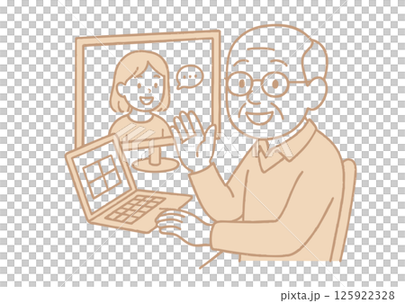 Illustration of a senior man enjoying an online call at home 125922328