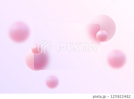 Glass morphism abstract background with pink 3D spheres, soft pastel gradients and translucent panel. 125922482
