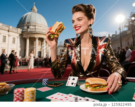 世界の美女が自国のグルメと絶景とファッション紹介シリーズ、サンドウィッチとグリニッジ天文台 125922495