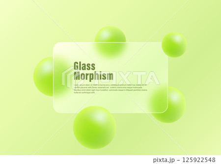 Website landing page template in glass morphism style. Presentation screen with glass overlay effect on floating gradient lime colored spheres. Frosted glass effect on lime haze background. 125922548