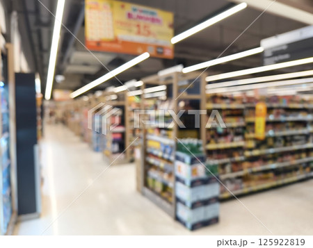 Blurry image of a grocery store with many shelves and displays Blurry image of a grocery store with many shelves and displays 125922819