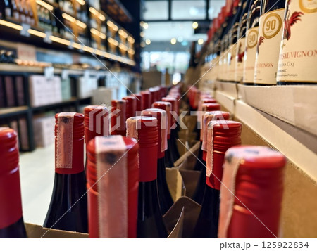 Many bottles of wine neatly arranged on a shop shelf 125922834