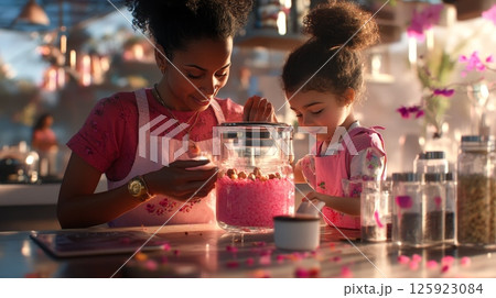 An African American adult female and a Hispanic child girl are preparing pink bath salts in a kitchen 125923084