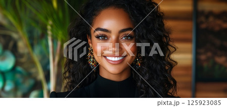 A beautiful young woman with stunning dark curly hair smiles confidently, wearing elegant earrings and a black top 125923085