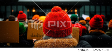 Vibrant protest: crowd in colorful hats holding signs in wintry setting 125923086