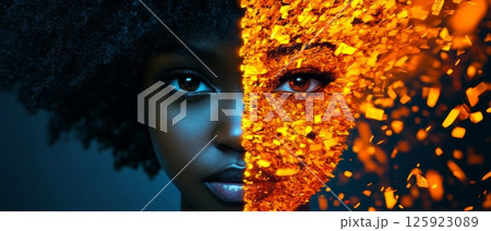 Half african female face transforming into fiery particles 125923089