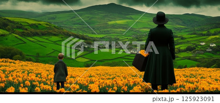 A woman in a long dark coat and a boy stand in a field of daffodils, overlooking a picturesque green valley with a village 125923091