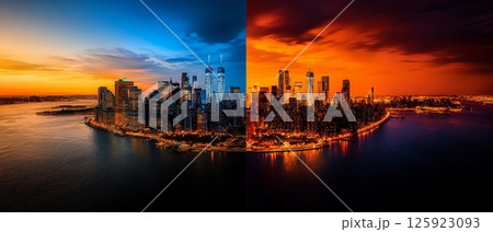 A split image showcases a cityscape at sunset, with one half exhibiting a cool blue tone and the other a warm orange hue 125923093
