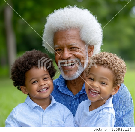 An elderly African American man smiles while embracing two young African American boys outdoors 125923114