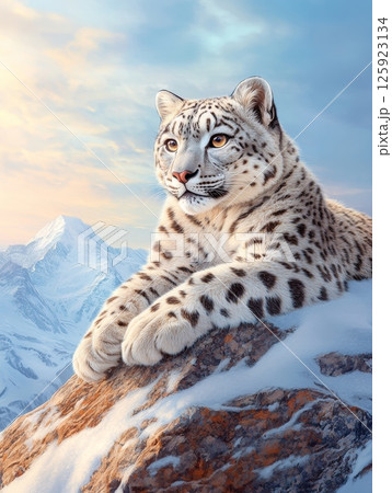 A snow leopard rests on a rocky outcrop, overlooking a majestic snow-capped mountain range at sunrise A snow leopard rests on a rocky outcrop, overlooking a majestic snow-capped mountain range at sunrise 125923134