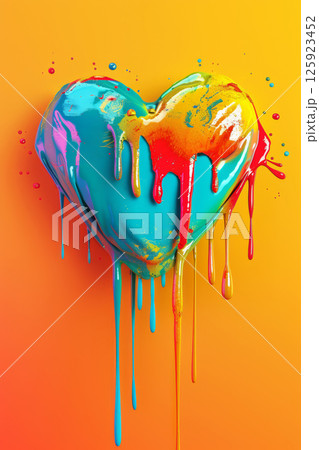 Vibrant Heart Art with Dripping Multicolored Paint on Bright Background 125923452