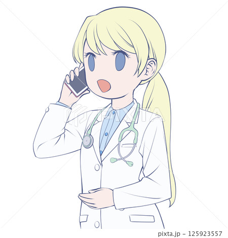 スマホで電話をかける金髪の女性医師・笑顔 125923557