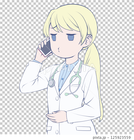 Blonde female doctor making a phone call on her smartphone, pouting 125923559