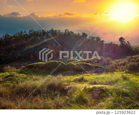 Rocky landscape with many big stones and boulders at sunset. Belmonte, Portugal Rocky landscape with many big stones and boulders at sunset. Belmonte, Portugal 125923622