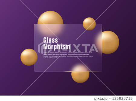 Glassmorphism panel with golden spheres on deep purple background 125923719