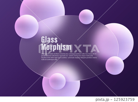 Glassmorphism oval panel with pink spheres on purple background Glassmorphism oval panel with pink spheres on purple background 125923759