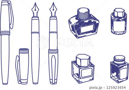 万年筆とボトルインクの線画のイラストセット 125923934