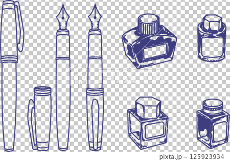 万年筆とボトルインクの線画のイラストセット 125923934