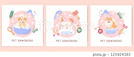 A set of square templates for Dog Grooming, grooming studio, hygiene, haircuts for pets. Design of posters, posters, booklets. Pedigreed dogs, pet Accessories. 125924383