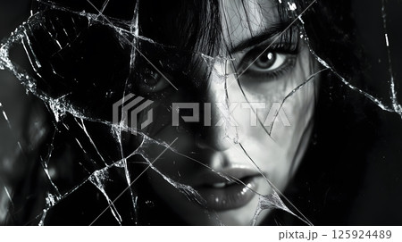割れたガラスの後ろから覗き込む女性（生成AI画像） 125924489