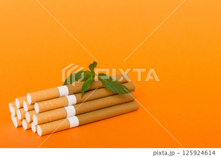 Menthol cigarettes and fresh mint leaves on colored background, Many cigarettes stacked together top view flat lay Menthol cigarettes and fresh mint leaves on colored background, Many cigarettes stacked together top view flat lay 125924614