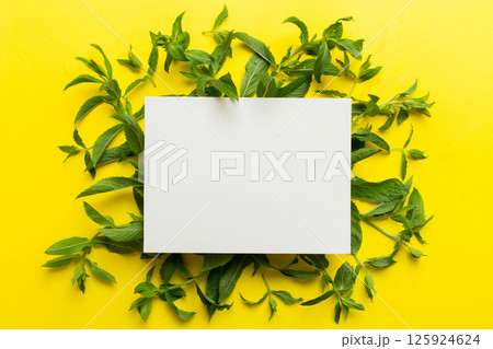 Wreath frame made of empty paper blank with space for text and mint leaves on colored background. . Mint Pattern. Flat lay. Top view Wreath frame made of empty paper blank with space for text and mint leaves on colored background. . Mint Pattern. Flat lay. Top view 125924624