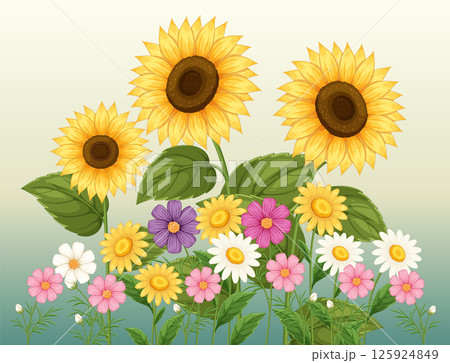 Vibrant Sunflowers and Daisies Vector Illustration Vibrant Sunflowers and Daisies Vector Illustration 125924849