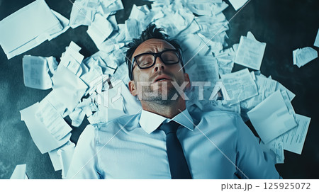 A stressed man struggles as he drowns in a massive pile of documents, overwhelmed by paperwork and deadlines. The concept of workplace stress, bureaucracy, and information overload. Generative AI. 125925072