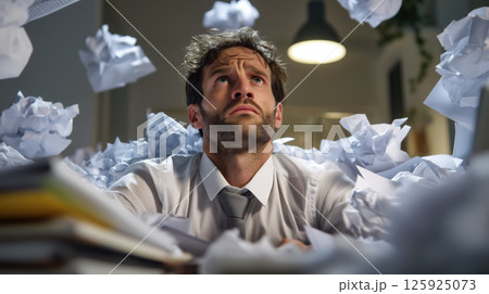 A stressed man struggles as he drowns in a massive pile of documents, overwhelmed by paperwork and deadlines. The concept of workplace stress, bureaucracy, and information overload. Generative AI. 125925073