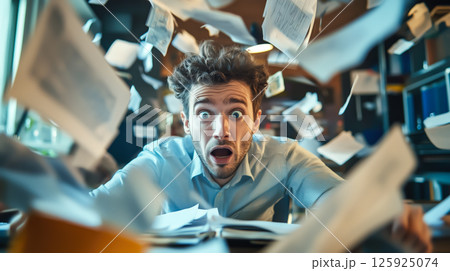 A stressed man struggles as he drowns in a massive pile of documents, overwhelmed by paperwork and deadlines. The concept of workplace stress, bureaucracy, and information overload. Generative AI. 125925074