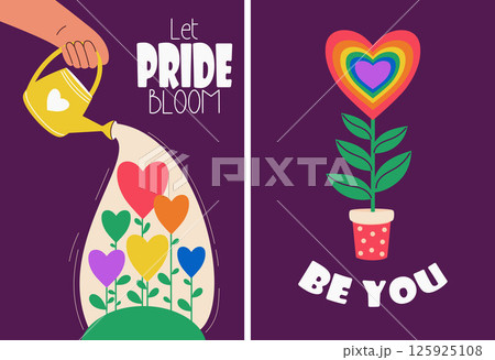 Pride Month. Promoting LGBT Poster Set. Hand with Garden Watering Can and rainbow Heart Flowers. LGBTQ community. Holiday vertical Cards and motivational phrases. Vector illustration 125925108