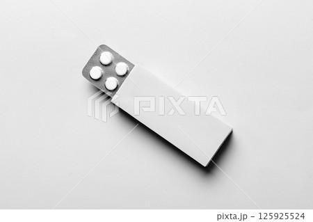 Blank White Product Package Box Mock-up. Open blank medicine drug box with blister top view 125925524