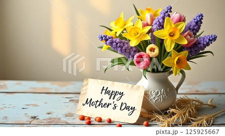 Mother's Day Bouquet with Greeting Card on Rustic Table Mother's Day Bouquet with Greeting Card on Rustic Table 125925667