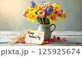Mother's Day Bouquet with Greeting Card on Rustic Table 125925674